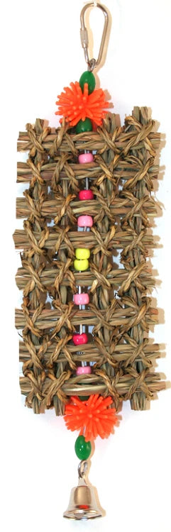Woven Grid Hanging Foraging Toy with Colorful Bead & Bell Details